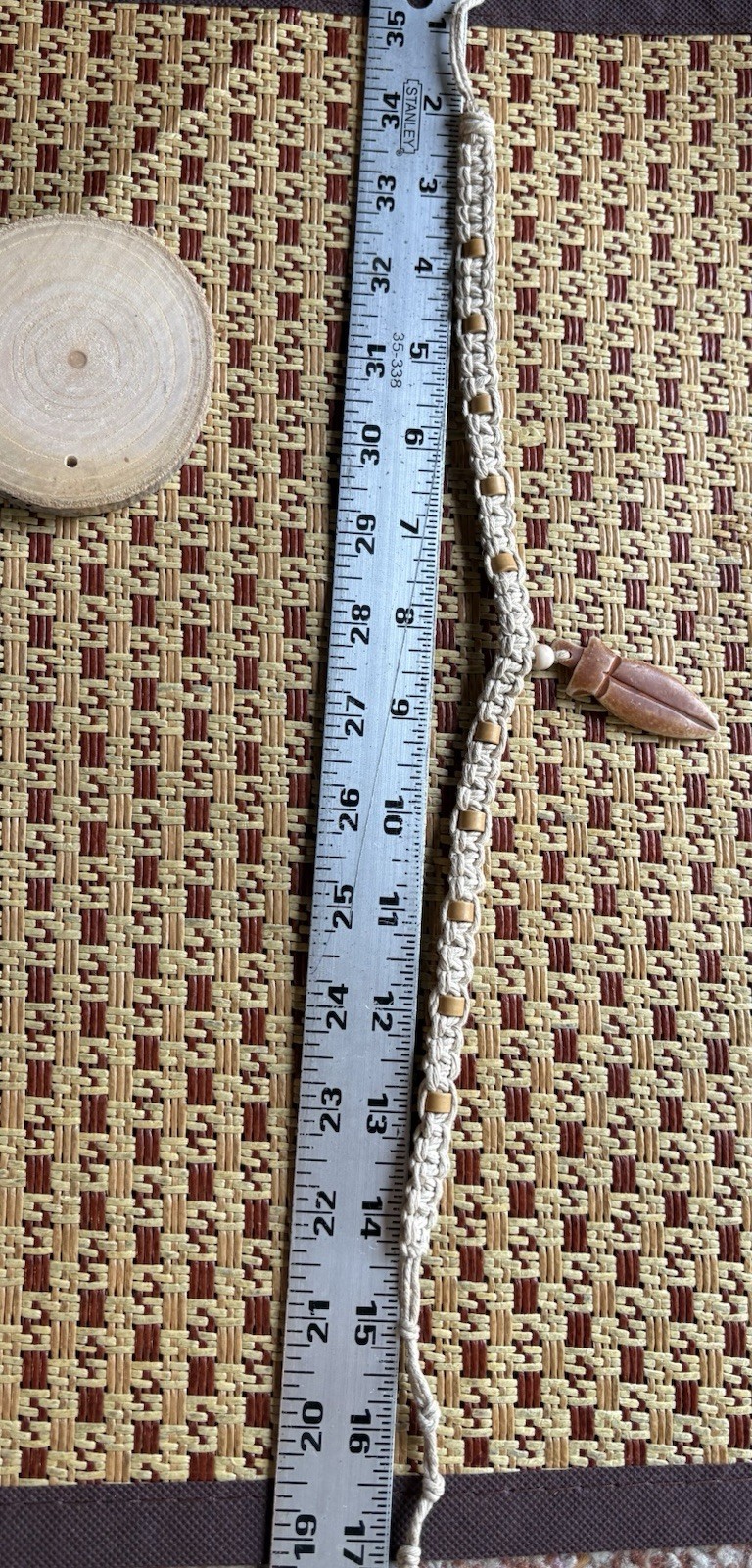 Braided Beige Cord Choker Necklace Wood Charm Pendant Hook Closure 17 in
