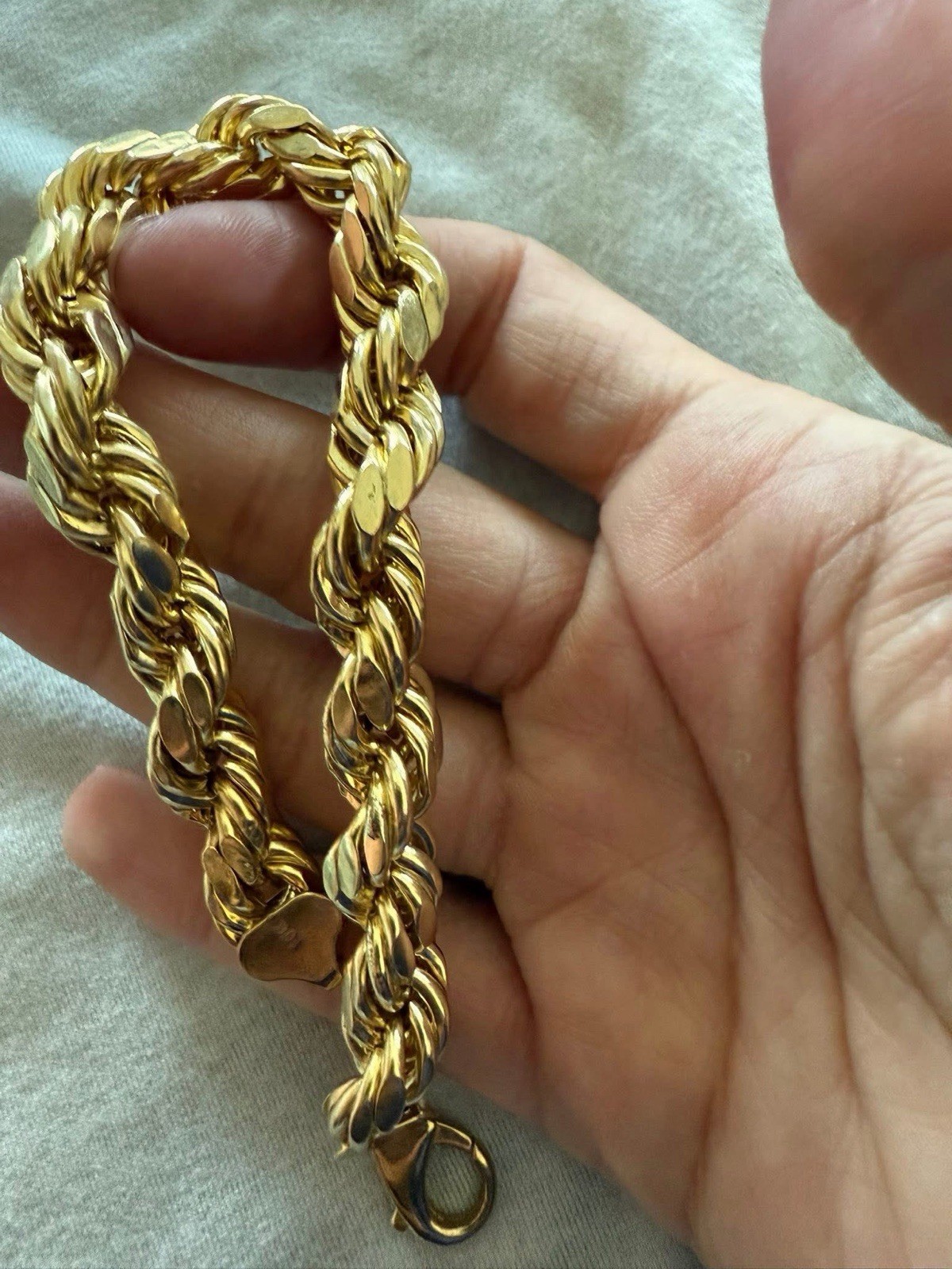 10K Gold Tone Hollow Rope Chain Bracelet Lobster Clasp 8.5” 9.41mm Wide 13.51g