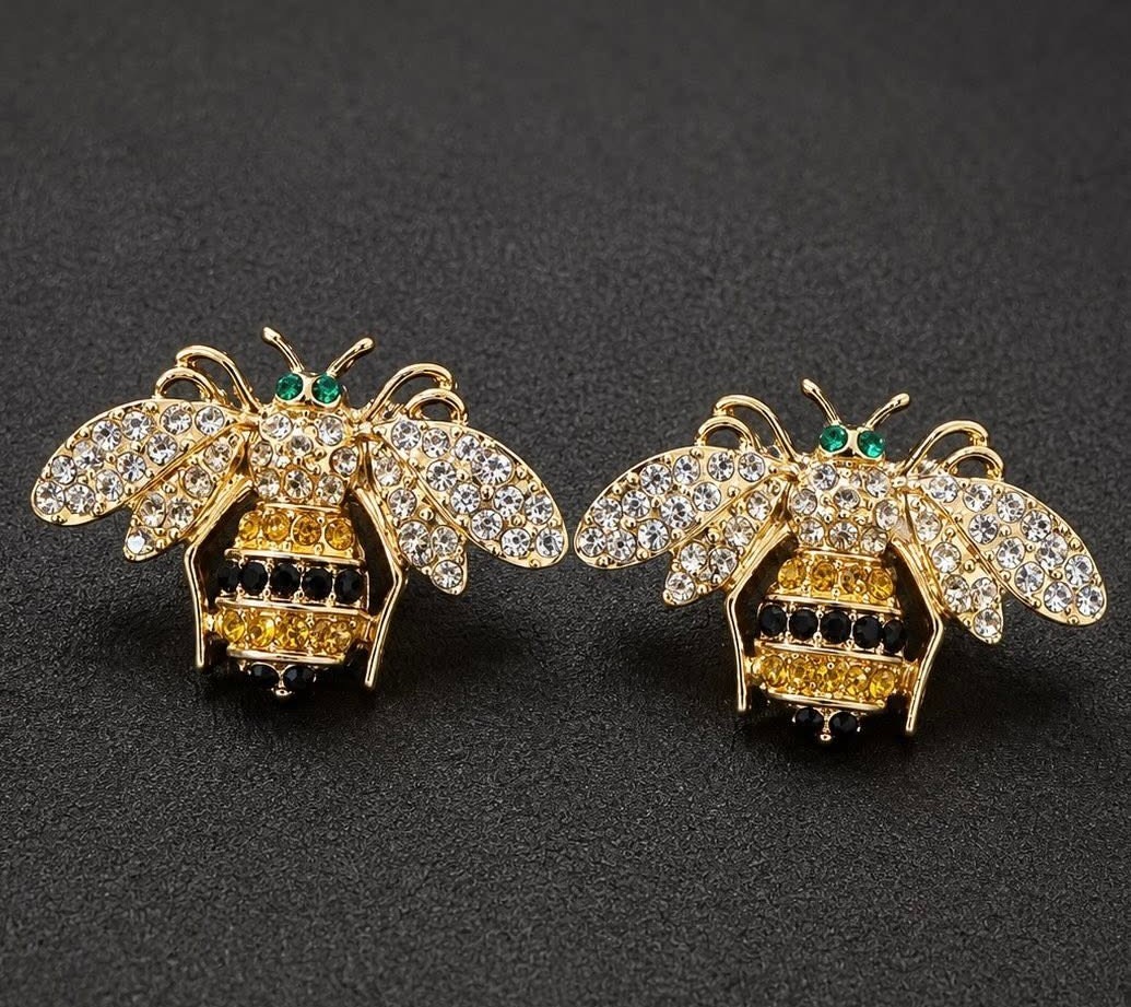 GOLD TONE BEE EARRINGS WITH YELLOW BLACK RED BLUE PURPLE TURQUOISE CRYSTALS POST