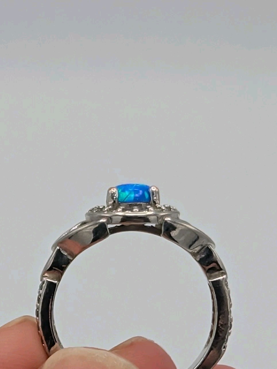 Synthetic Opal Cabochon CZ Halo Ring Trinity Celtic Band Silver Toned Plated