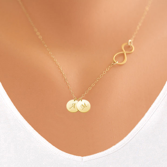 Personalized Infinity Necklace with Initial Monogram Disc 14K Gold Filled