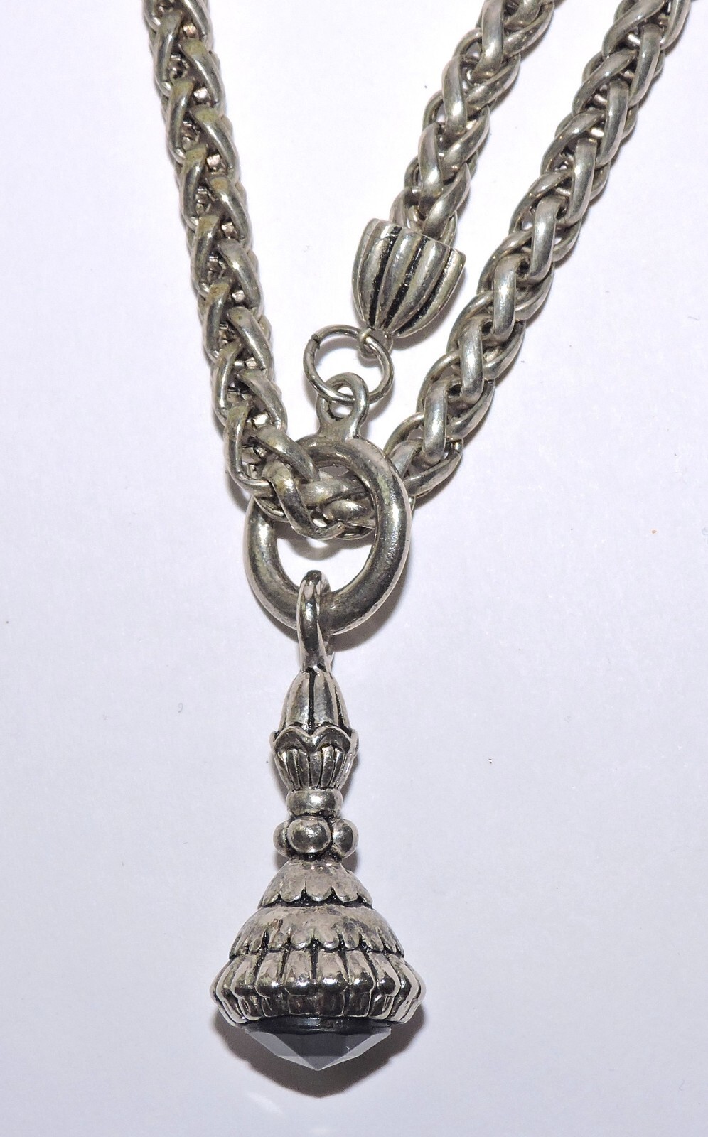 Silver Tone 16″ WHEAT LINK CHAIN NECKLACE Etruscan Style BLACK FOB / AMULET