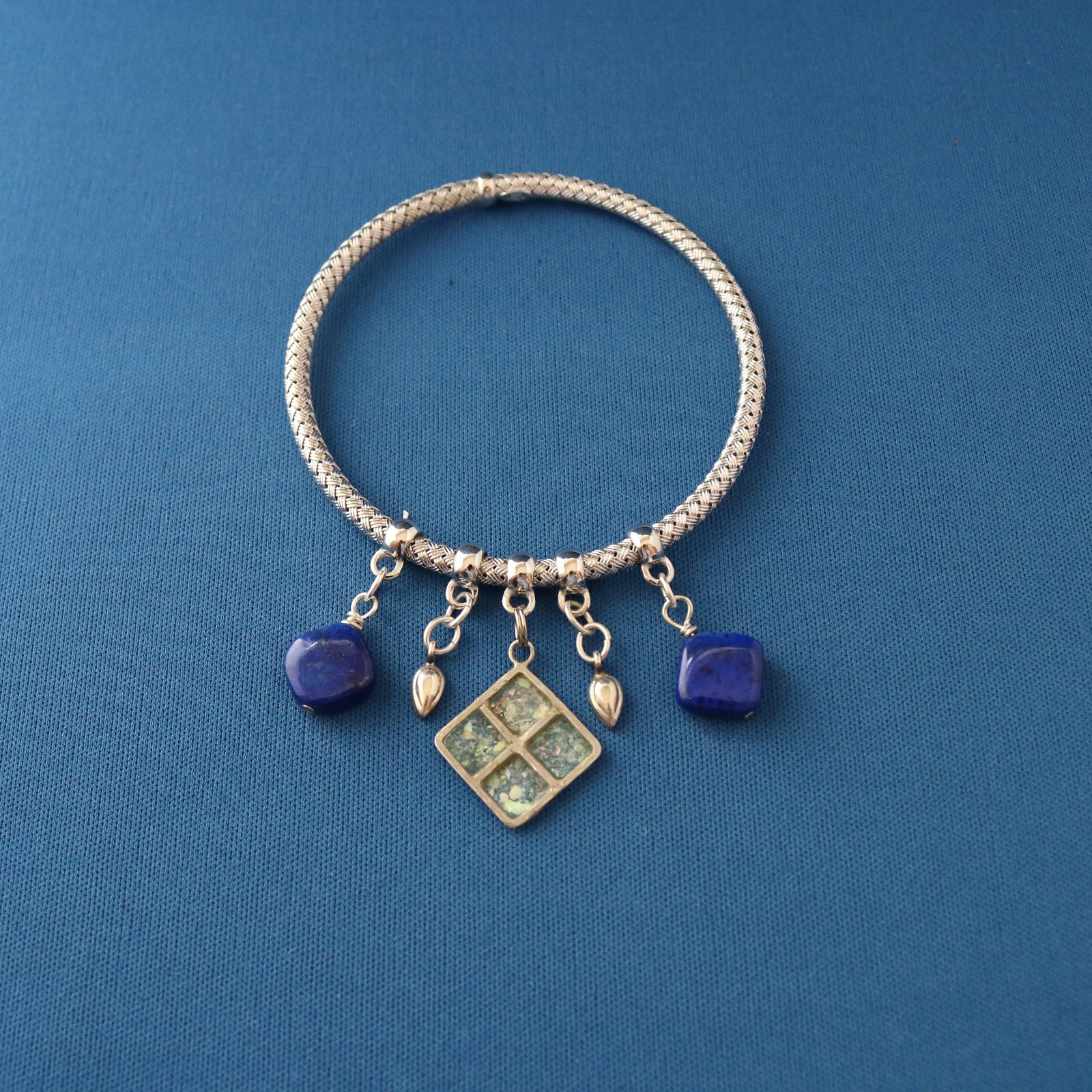 Ancient Roman Glass and Lapis Lazuli Silver Bangle Bracelet