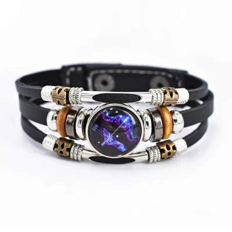 Zodiac Signs Spirit Bracelet, Beaded 12 Constellation Zodiac Leather Bracelet