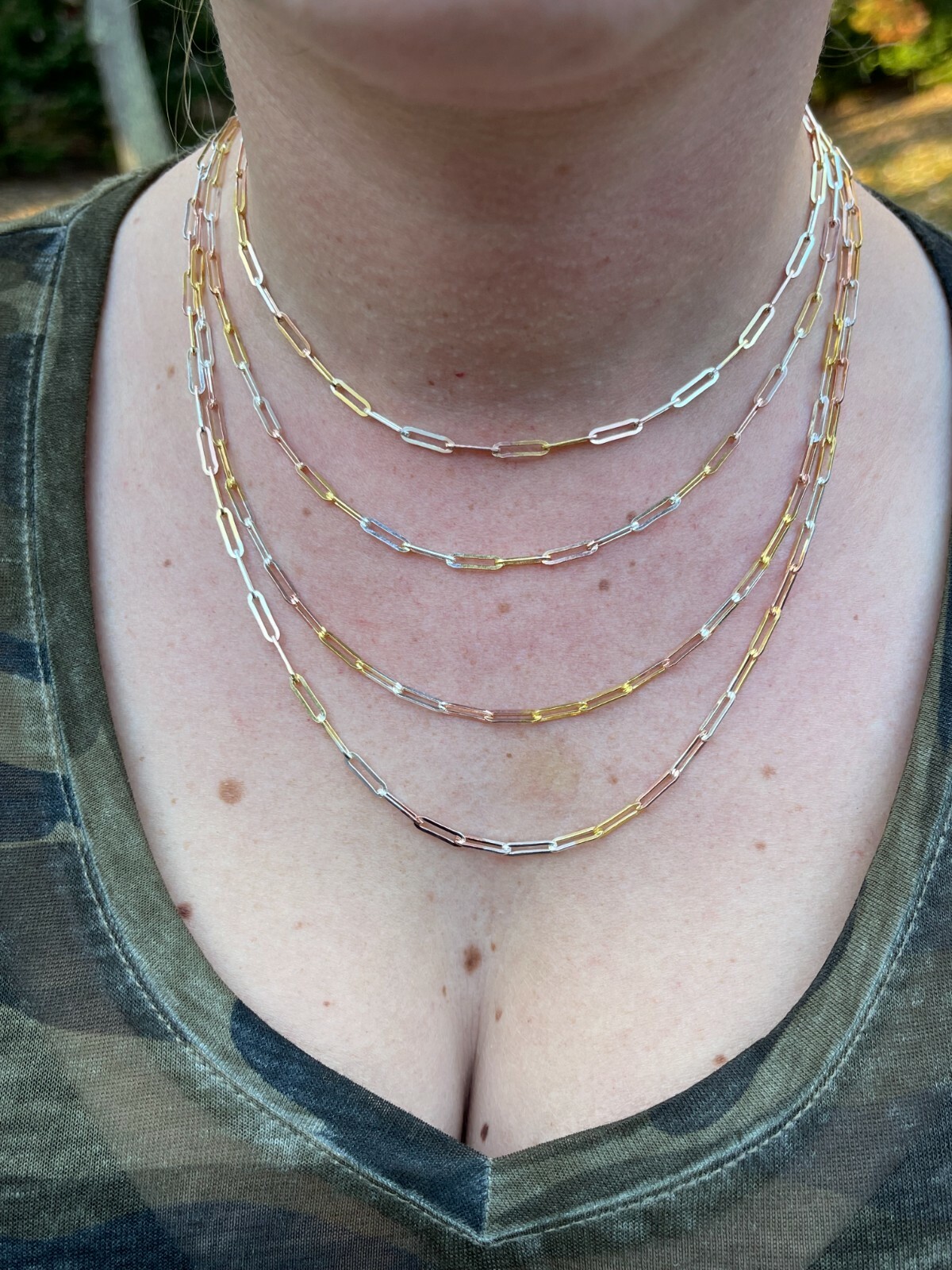 Real Paperclip Chain Necklace Tri Color Yellow Rose Gold Plated 925 Silver