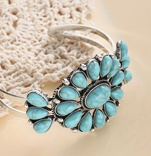 Turquoise Cuff Bracelet Western Boho Silvertone Jewelry Boho