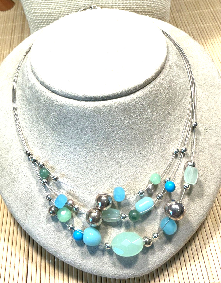 Talbot’s Necklace Silver Tone Aqua Turquoise Green invisiline Choker Lot 103C