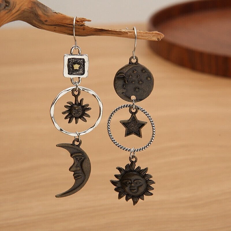 Sun & Moon Earrings, Star, Asymmetrical, Unique, Mixed Metal, Brass, Antiqued