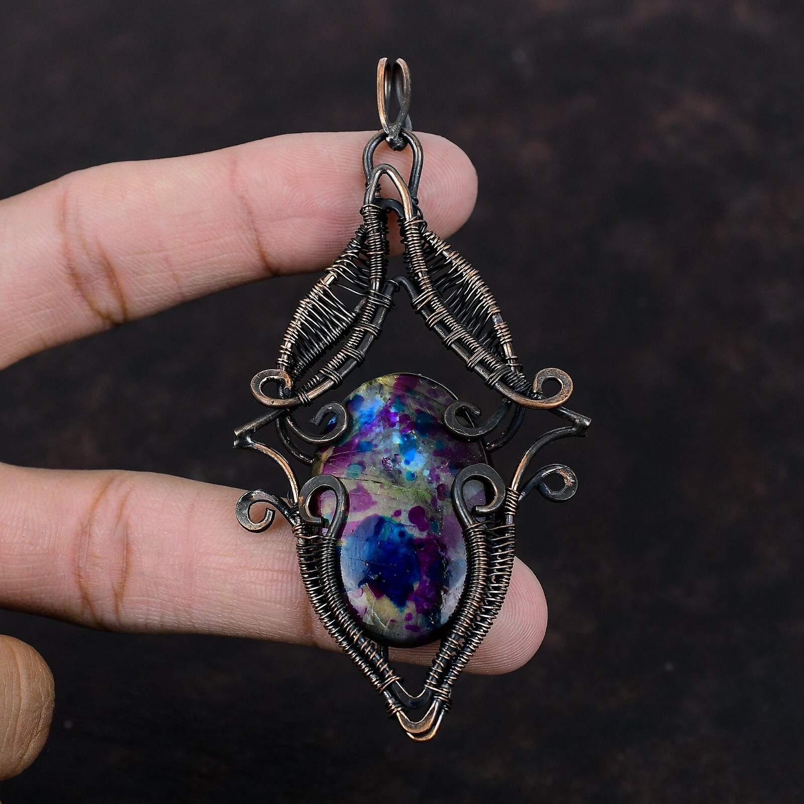Multi Fire Labradorite Wire Wrapped Pendant Copper Jewelry For Girls 3.74″