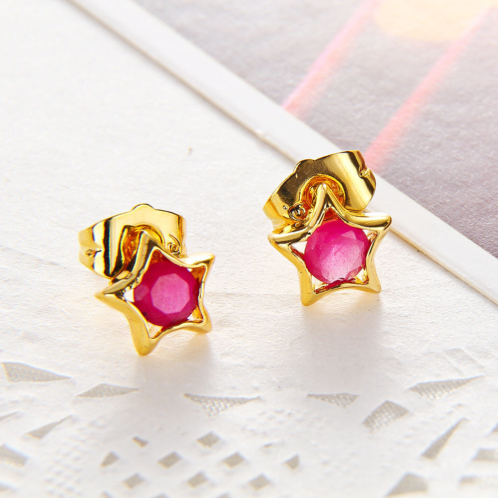 Cute New 18k Yellow Gold Filled Star Set Round Red CZ Stud Earrings