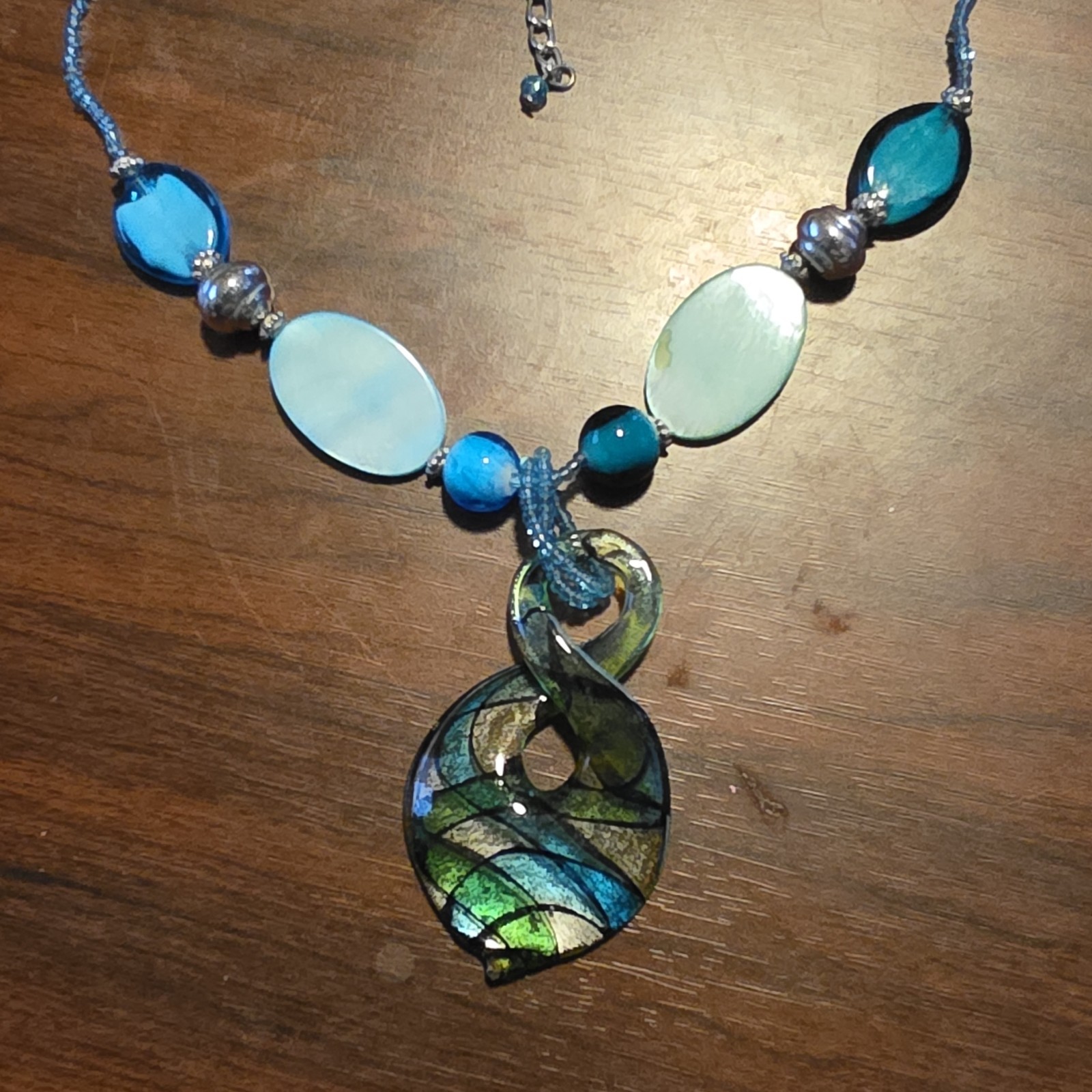 Blue Glass Shell Beaded Teardrop Charm Pendant Necklace Adjustable 16-20in
