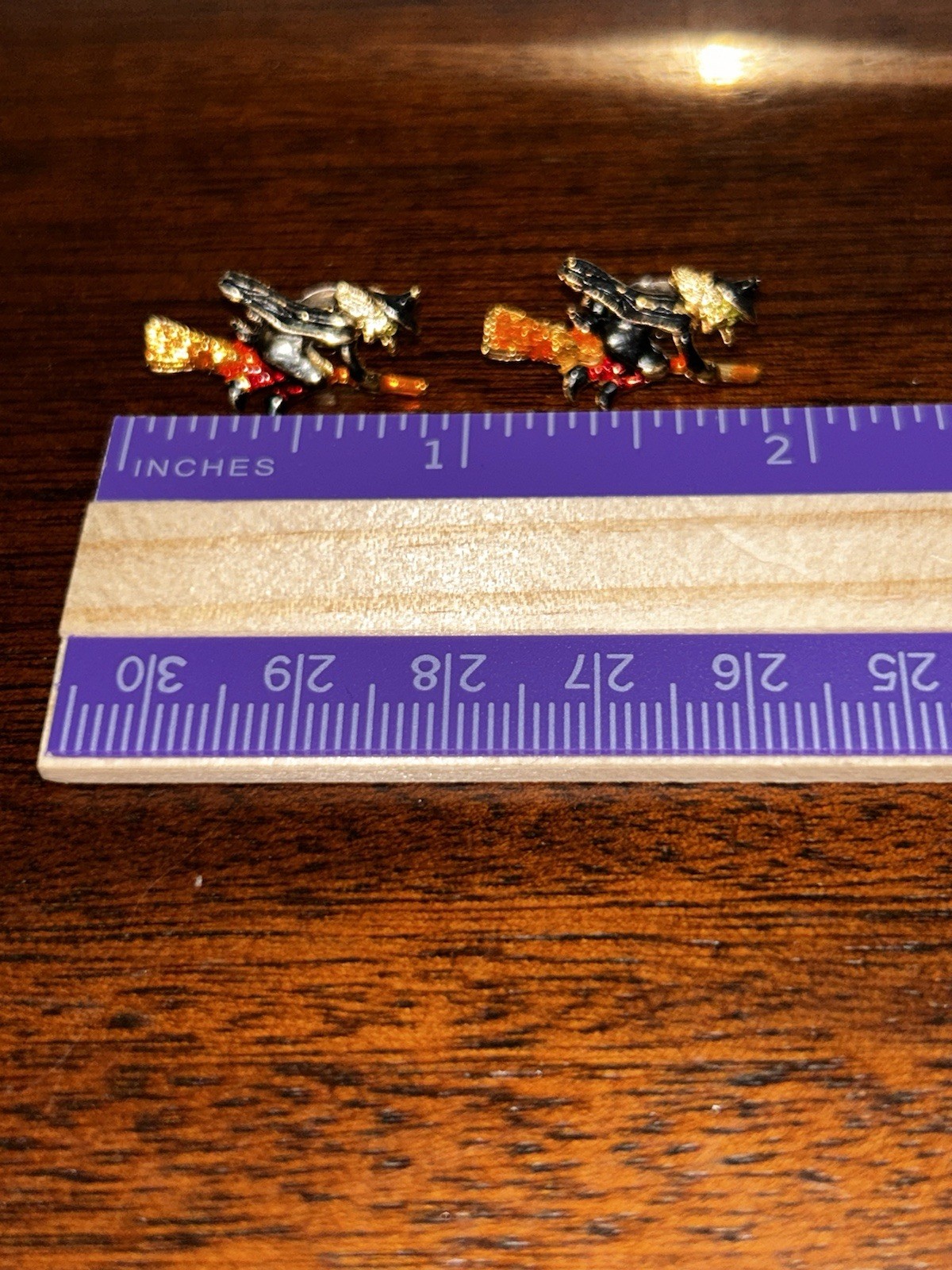 Vintage Witches On Brooms Halloween Post Earrings Pierced Unsigned Goldtone