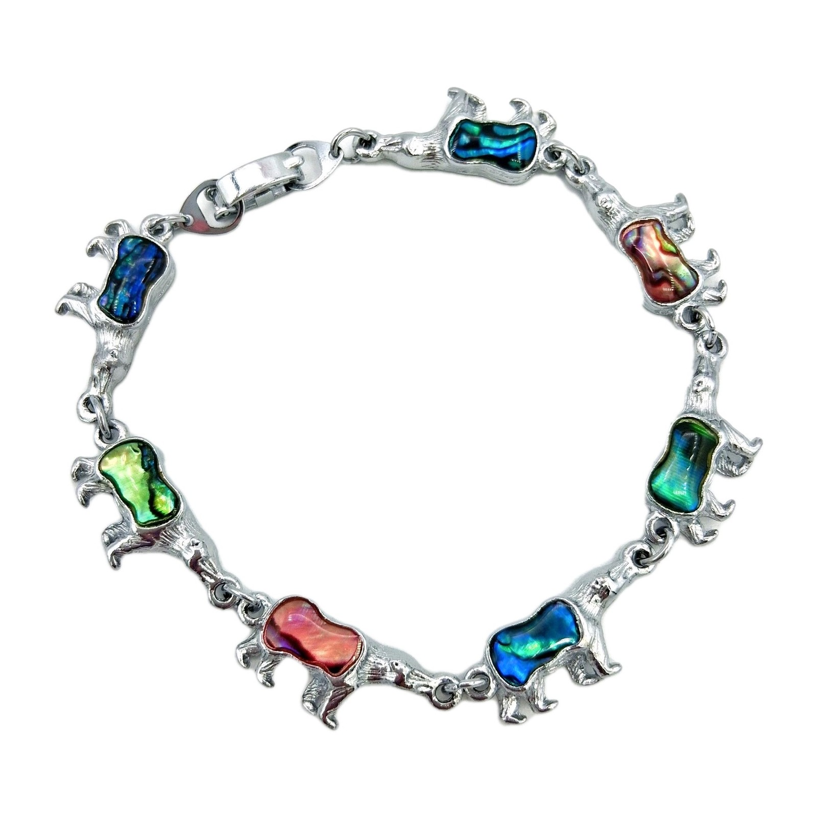 Silver Tone Abalone Bear Bracelet 7.25″ Totem Animal Fold Over Clasp
