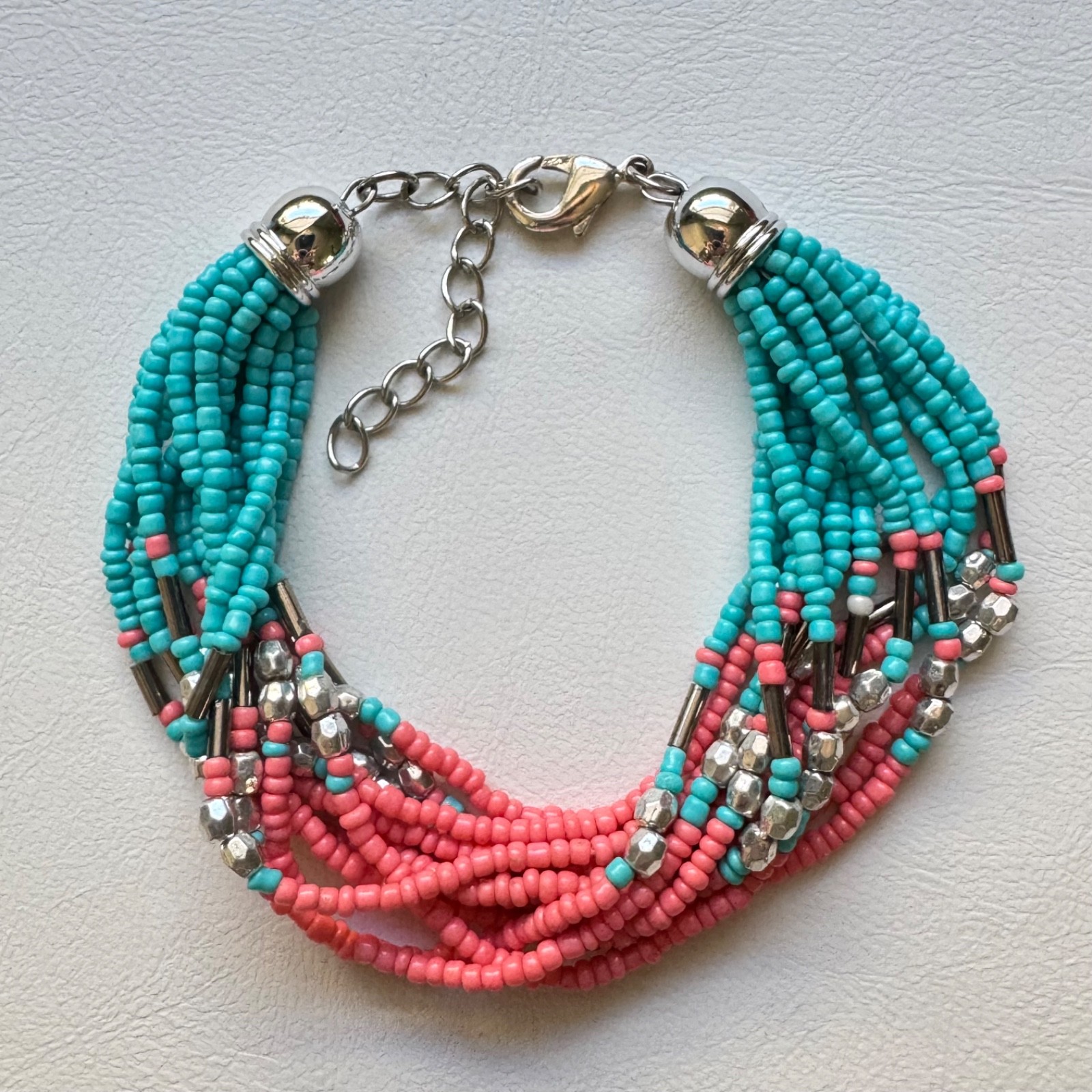 Vintage Boho Multi Strand Seed Bead Bracelet Turquoise Coral Pink Silver Tone
