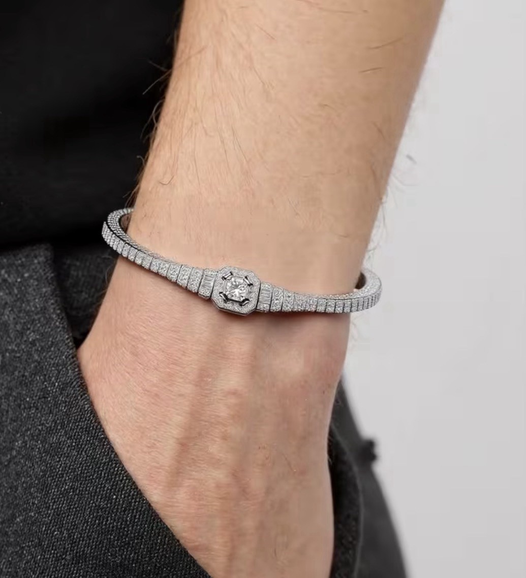 Silver Tennis Chain Bracelet 17.5 cm Round Main Stone 6.5 mm