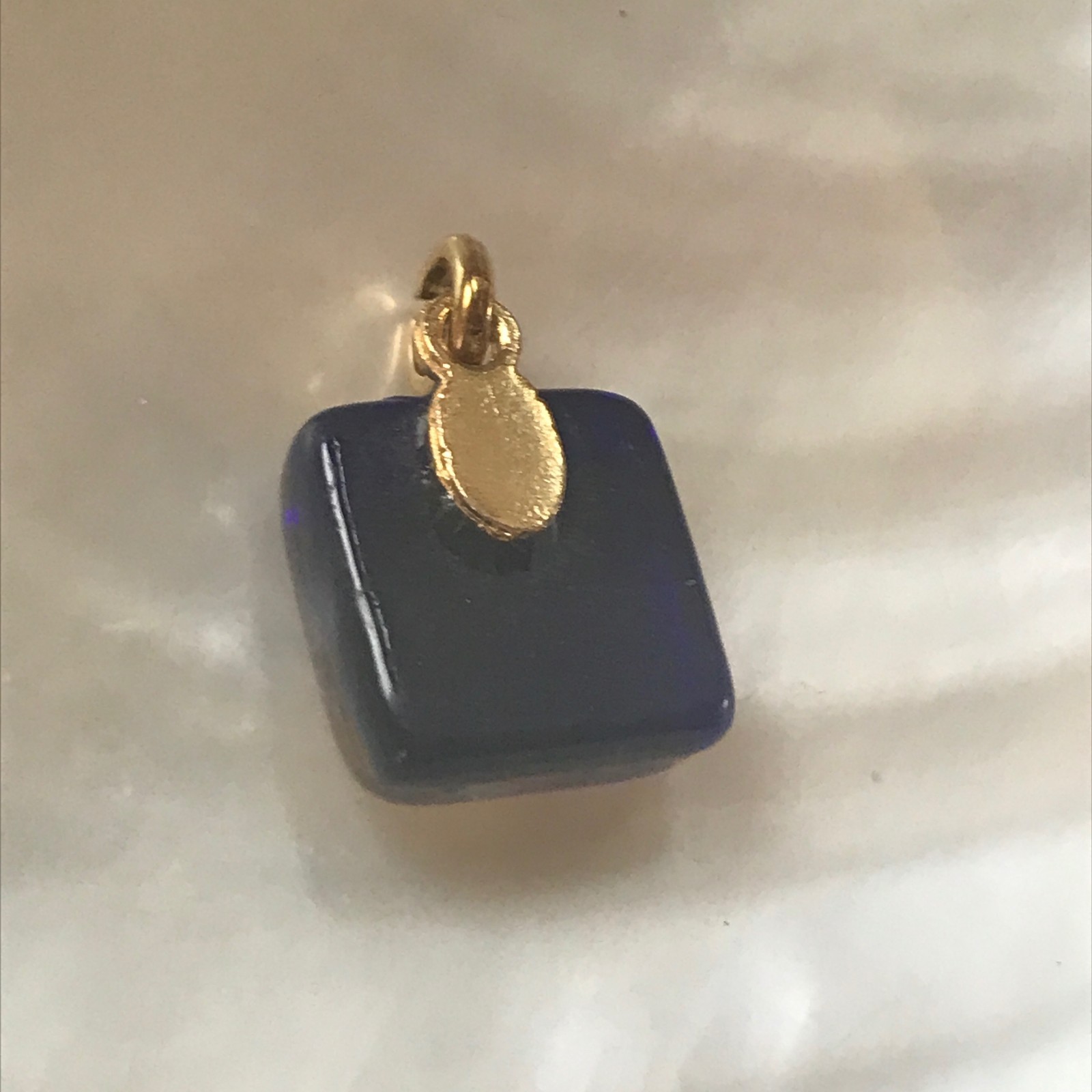 Estate Small Blue Square with Gilt Orange & Yellow Fused Art Glass Pendant – 0.7