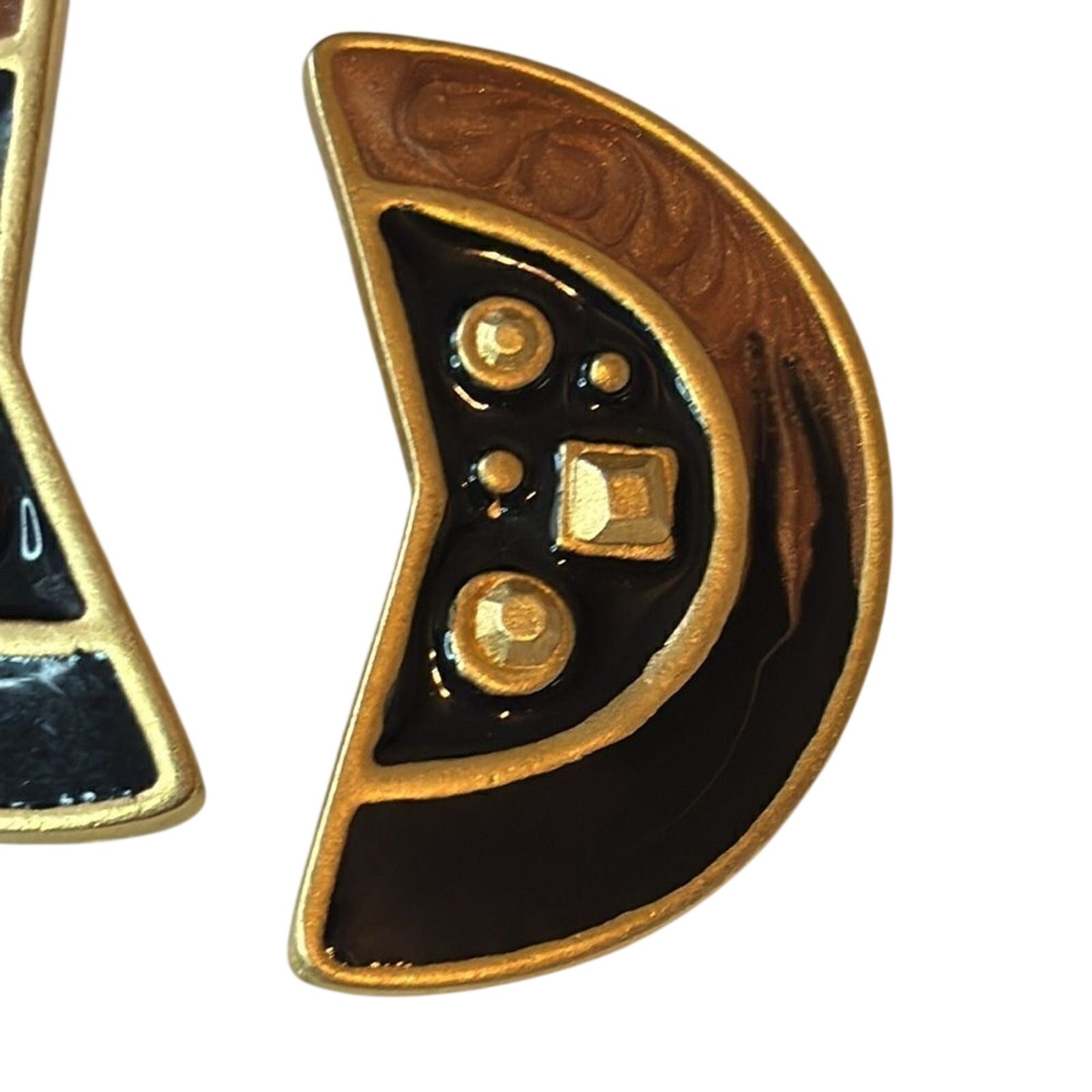 Retro Abstract Enamel Earrings Black Gold Tone Art Deco Style