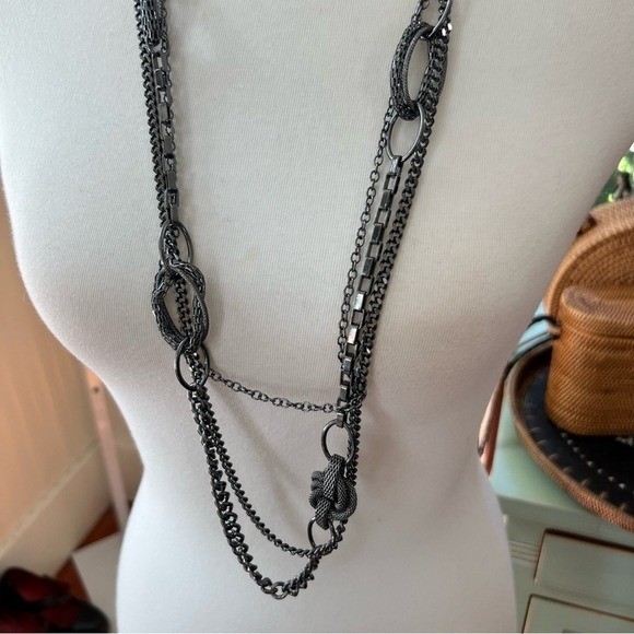 Long Layered Gunmetal Chain Necklace with Knot Details Fashion Jewelry