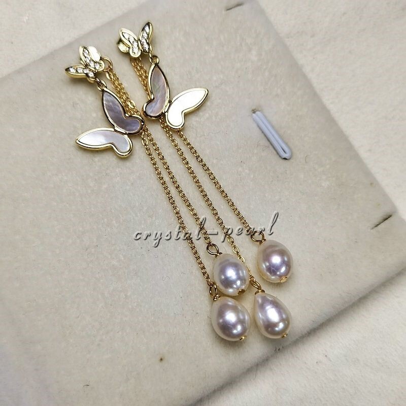 Genuine AAA natural south sea white pearl dangle earrings 14k yelllow gold P