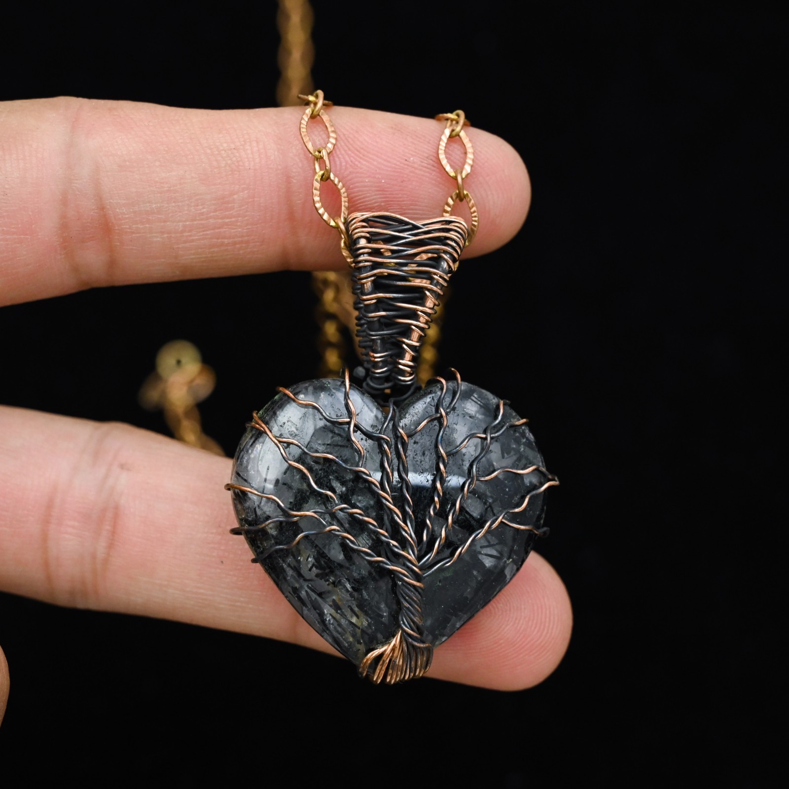 Copper Wire Wrapped Black Rutile Heart Pendant Tree of Life Artisan Necklace