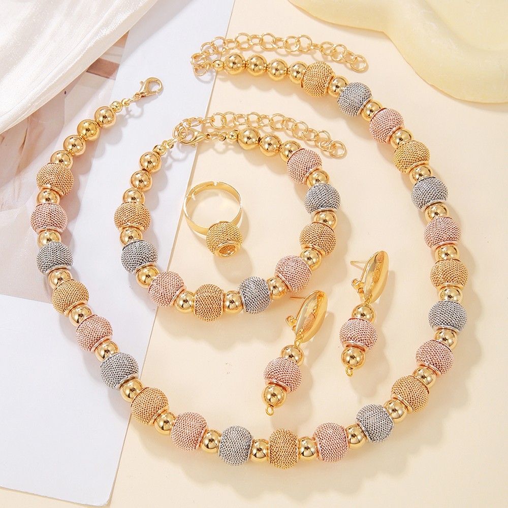 Gold Tone Mesh Ball Jewelry Set – Necklace, Bracelet, Earrings & Ring Set womens