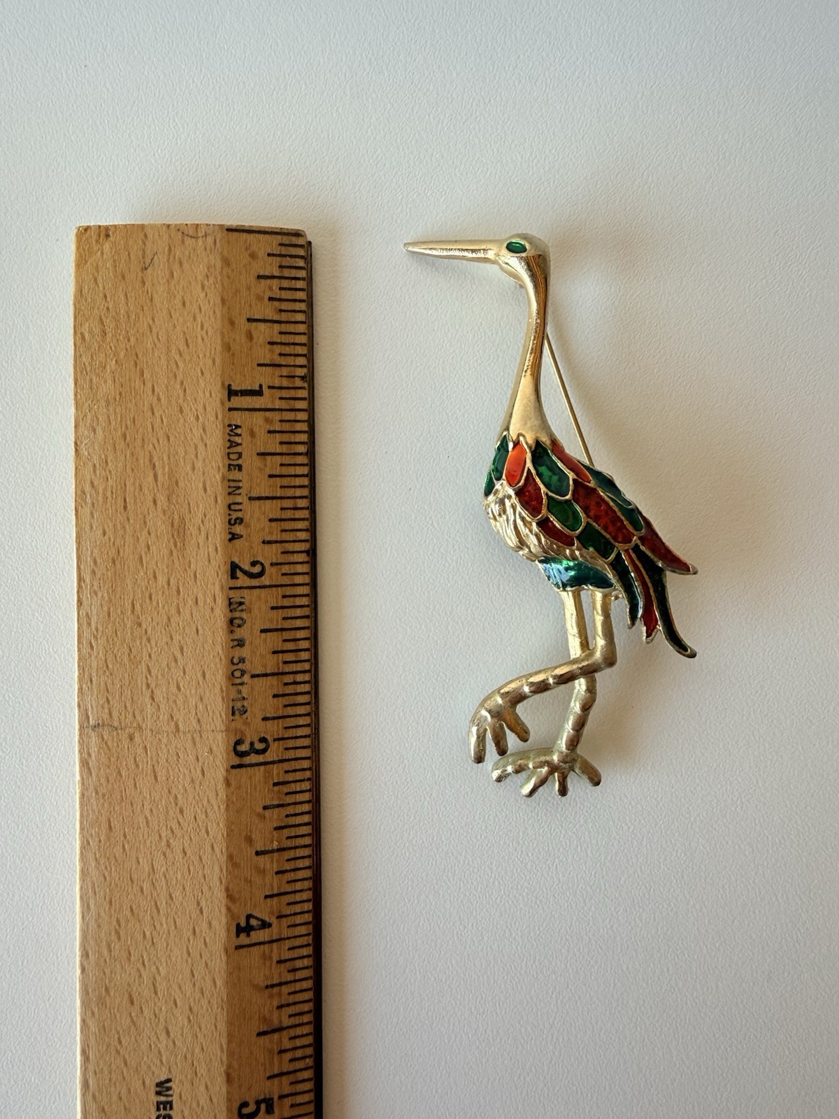 VTG Crane Brooch Pin Red Green Blue Enameled Gold Tone Bird 3.25”