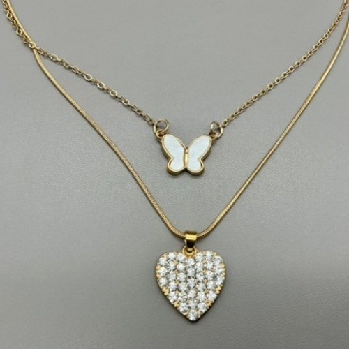 Charlotte Russe Necklace Womens Gold Layered Butterfly Heart Rhinestone 16-18in