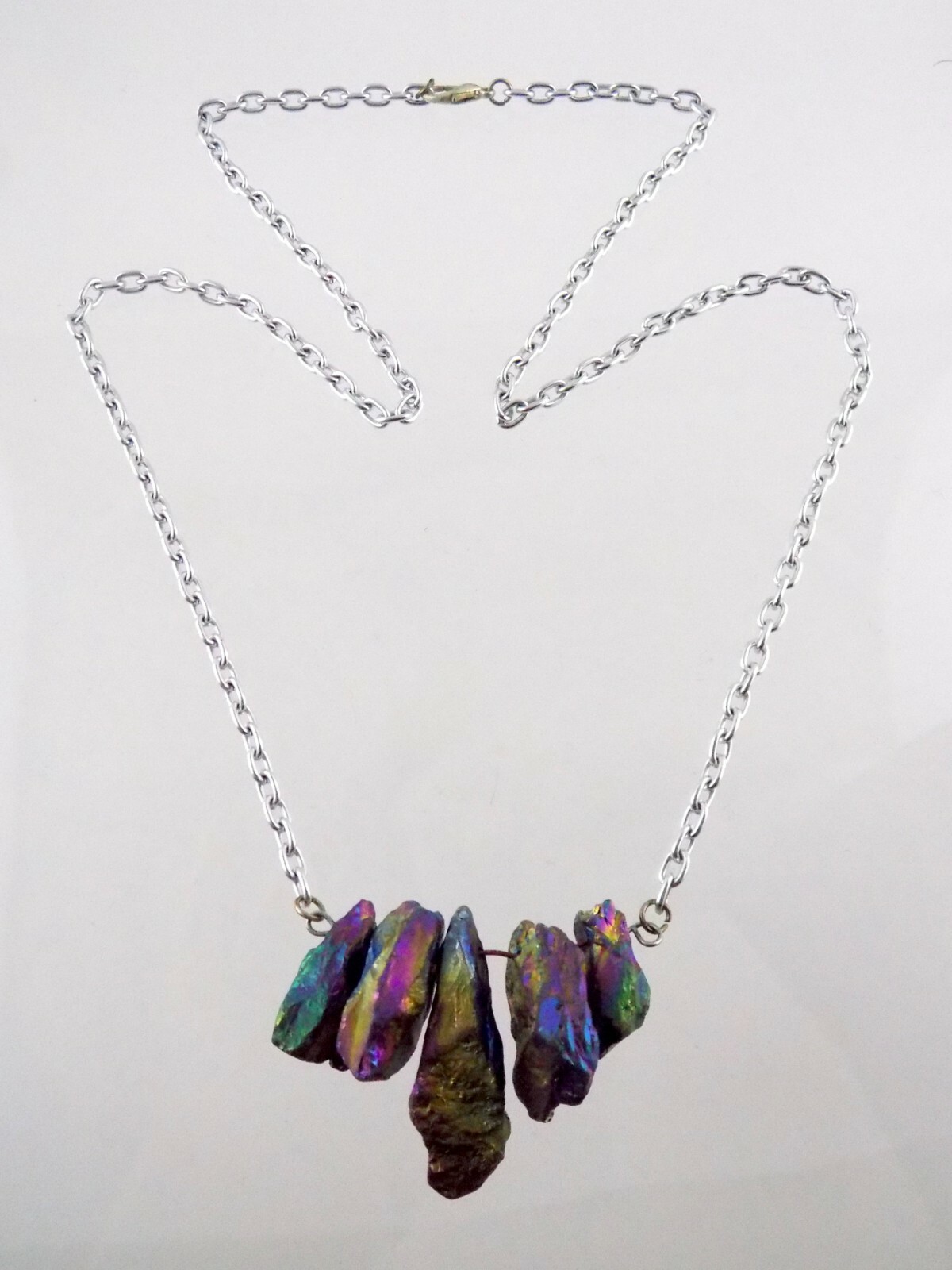 Silver Toned Metal Rainbow Aura Quartz Pendant Necklace No Marks 23.5 Inches