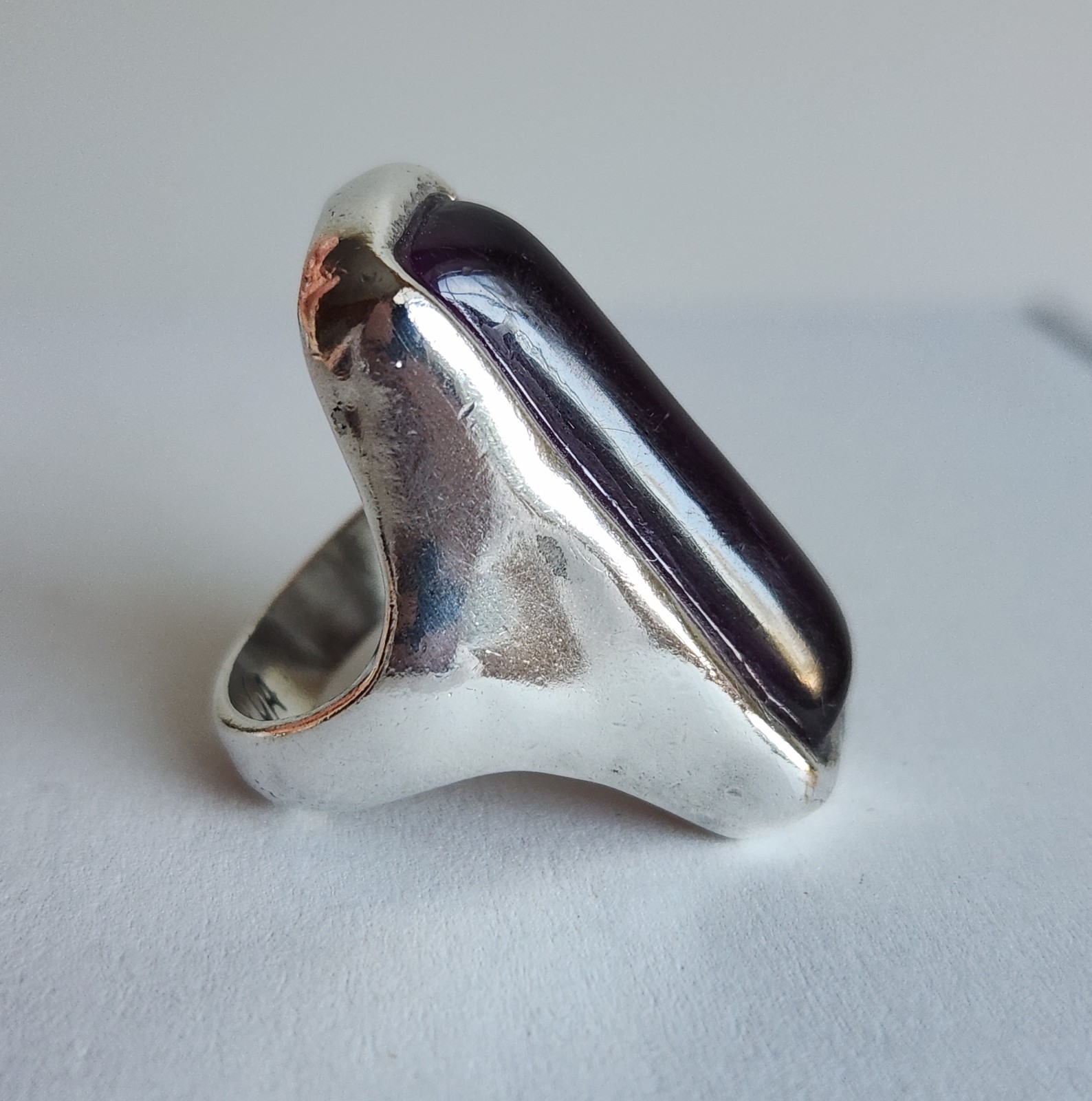 Bold Sterling Silver Statement Ring w/ Purple Cabochon Size 6.5 12.7g Marked GA