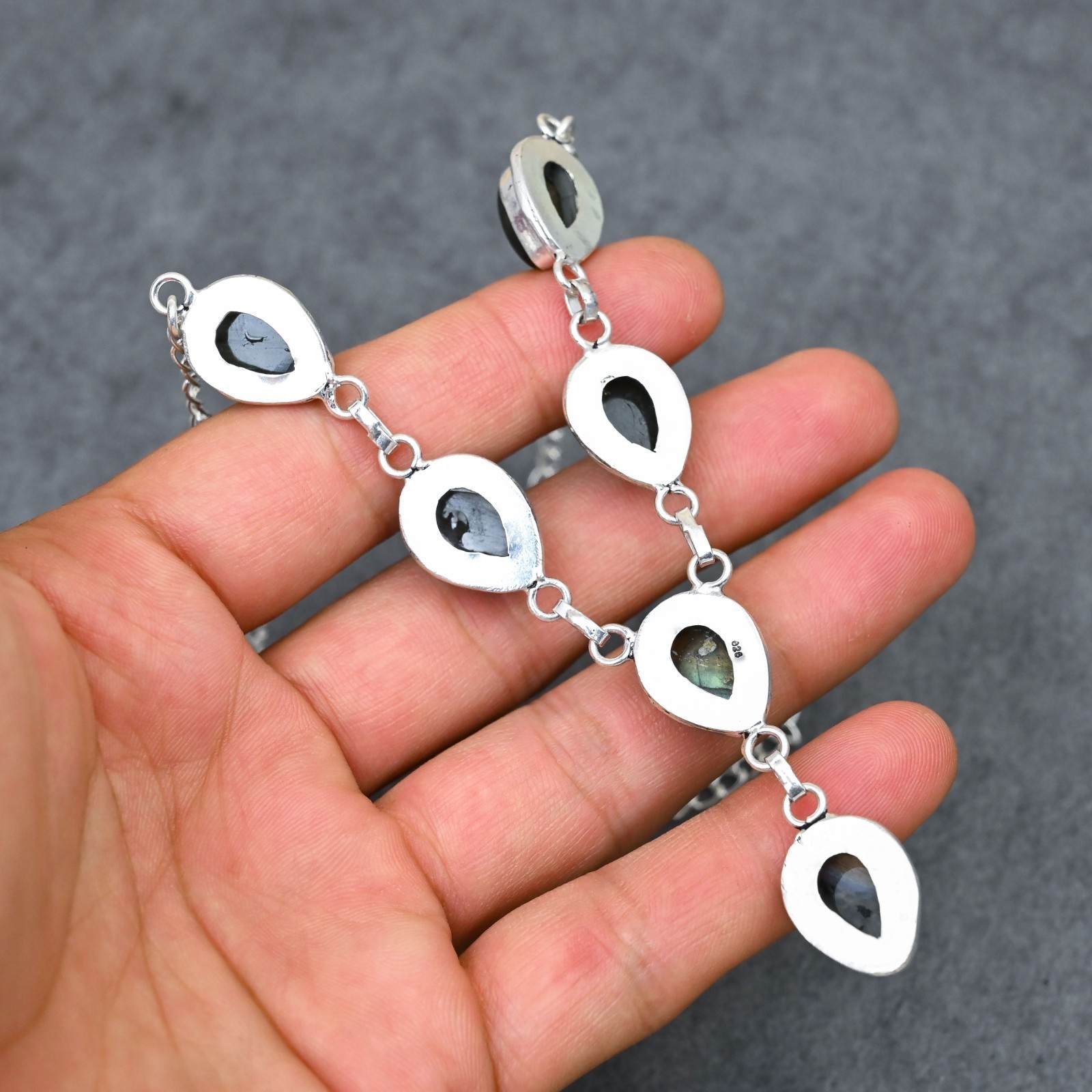 Silver Plated Labradorite Y-Necklace | Multi-Stone Milgrain Cabochon | Artisan