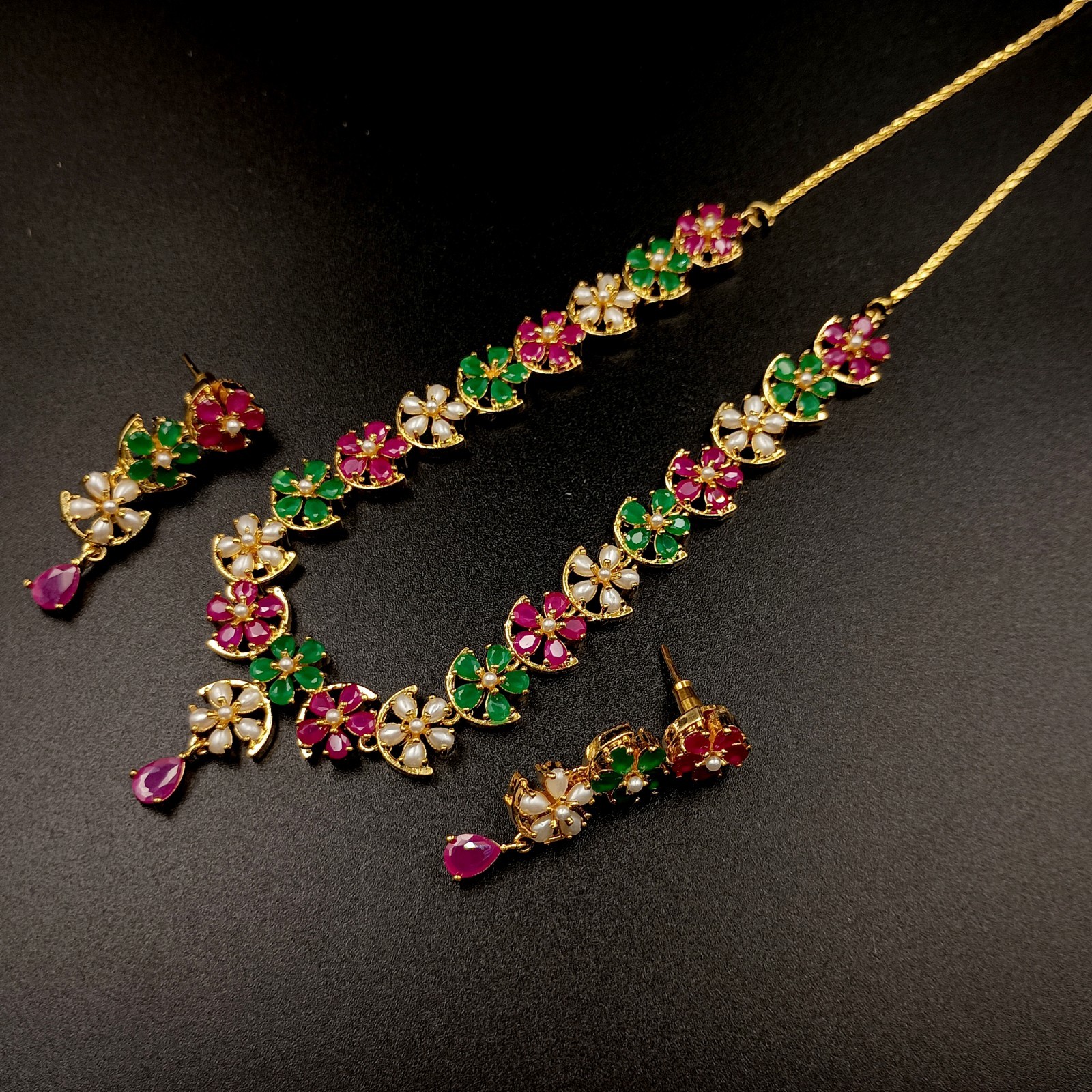 Vintage Flower Ruby Emerald Pearl Jewelry Set 22K Gold Plated Necklace Wedding G