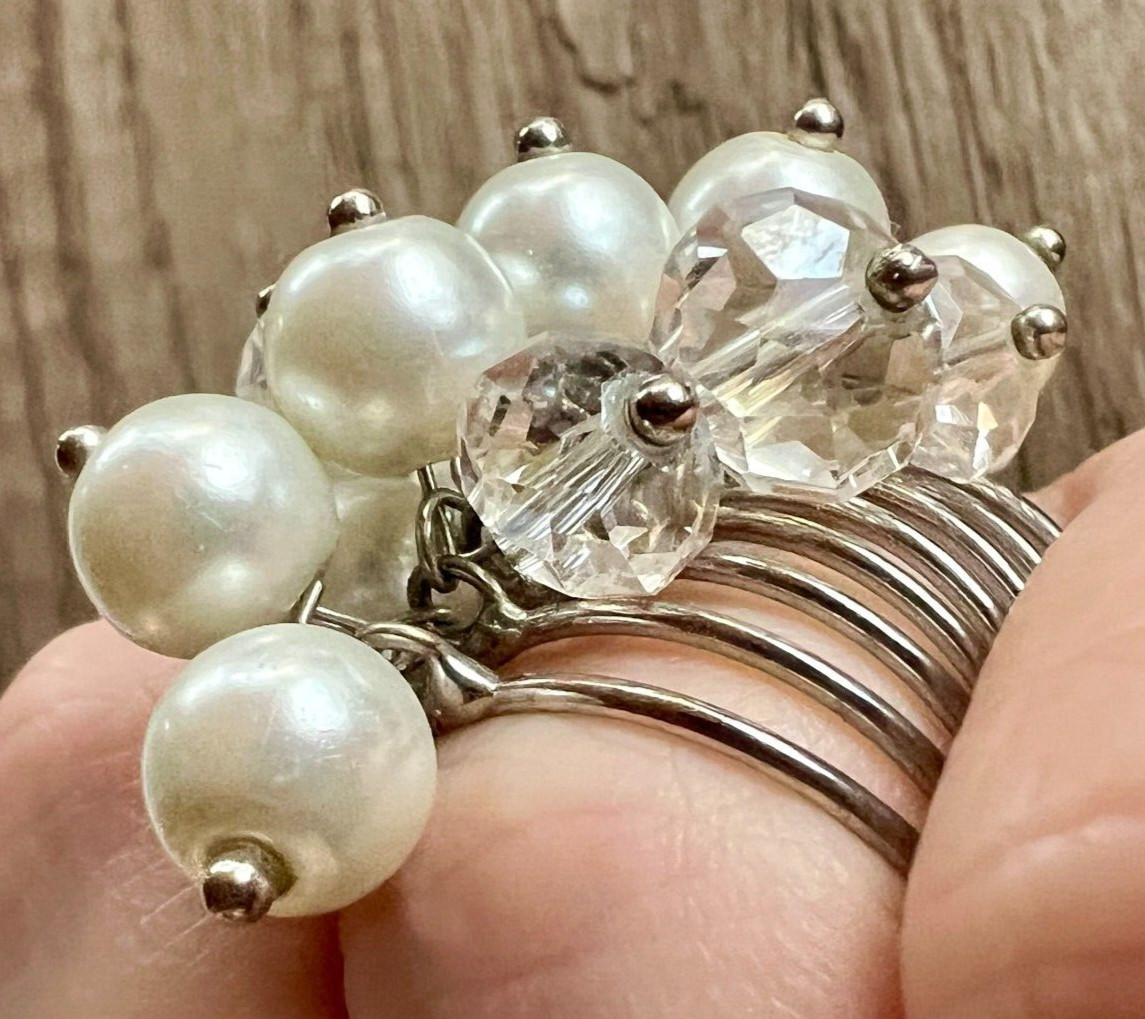 Vintage Faux Pearl & Crystal Cluster Statement Ring Adjustable Multi-Band Unique
