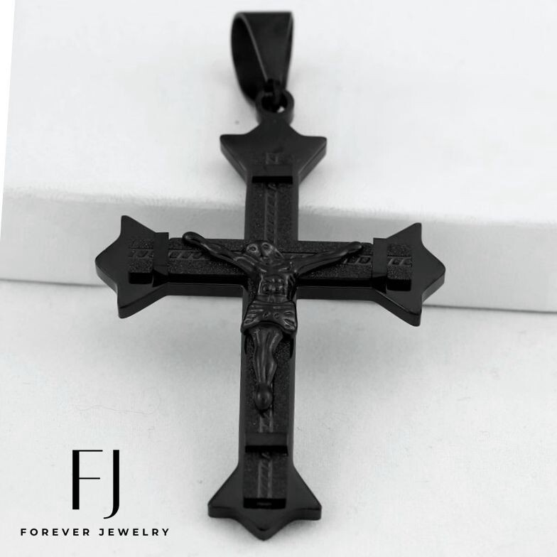 Men’s Stainless Steel,Black,JESUS CROSS 84mm Big Pendant Ion Plated Box