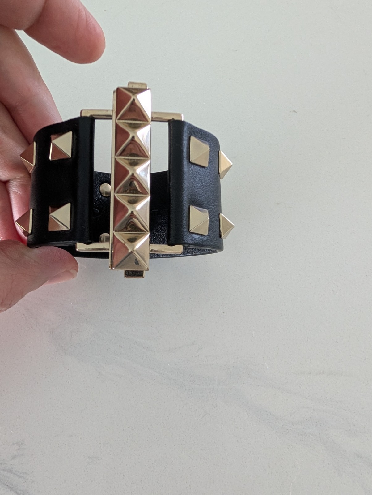 VALENTINO Black Leather Rockstud Wide Cuff Bracelet s Small