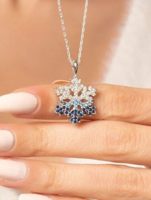 Round Cut Simulated Sapphire Snowflake Women’s Pendant In 14K White Gold Plated