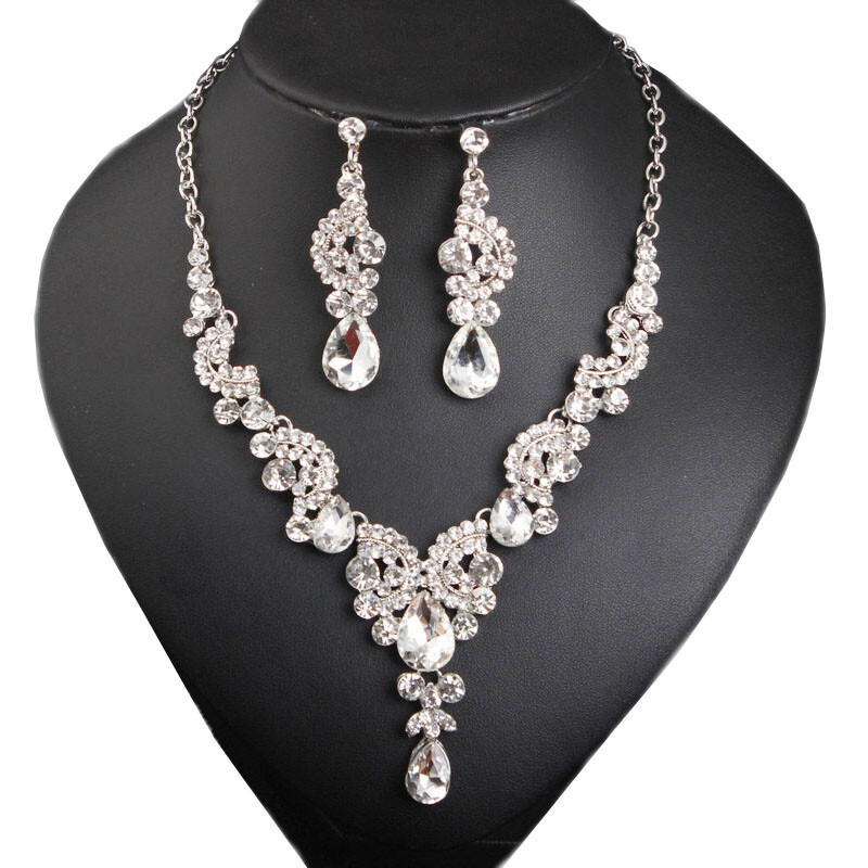 Wedding Bridal Crystal Necklace Earring Jewelry Set Women Evening Party Gifts