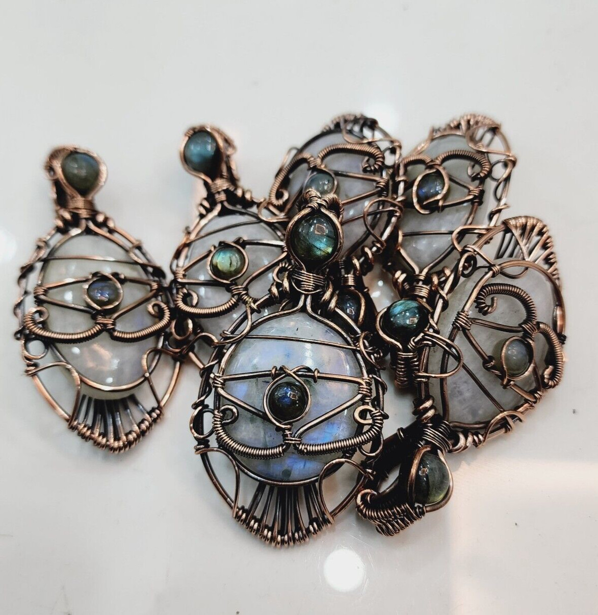Rainbow Moonstone Labradorite Handmade Wire Wrapped Evil Eye Pendant Jewelry
