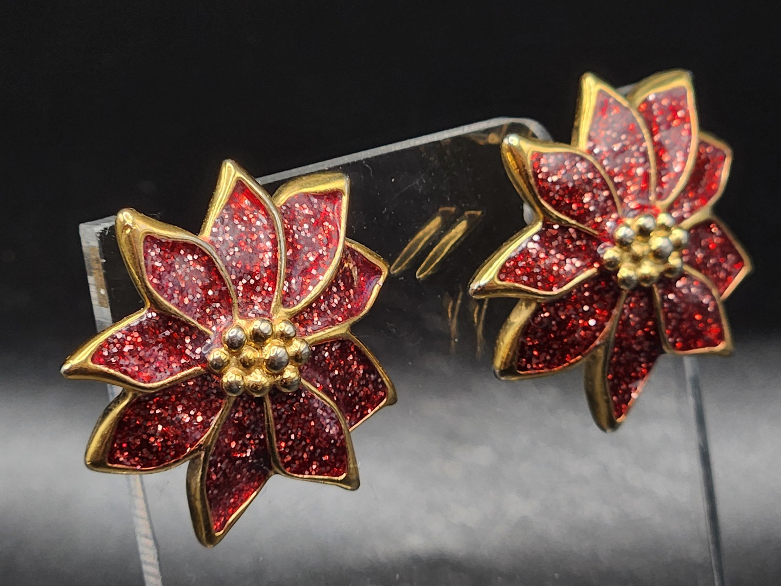 Vintage Red Glitter Poinsettia Earrings Gold Tone Christmas Flower Stud Earrings
