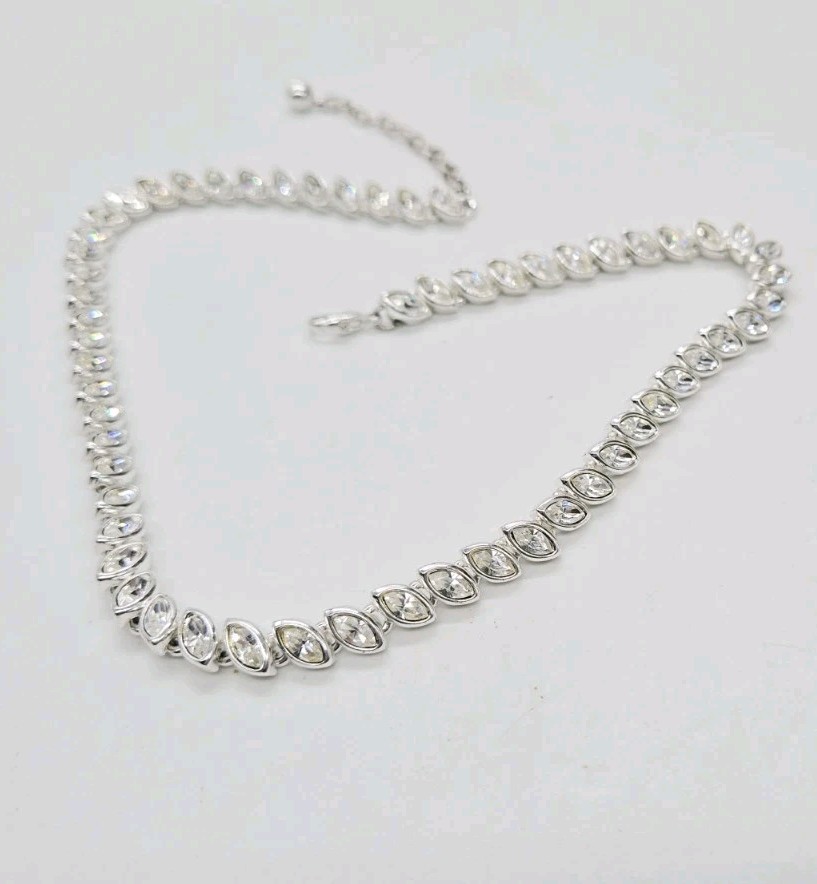 Tennis Necklace Marquise Crystal Rhinestone Silver tone Choker 17 in Adjustable