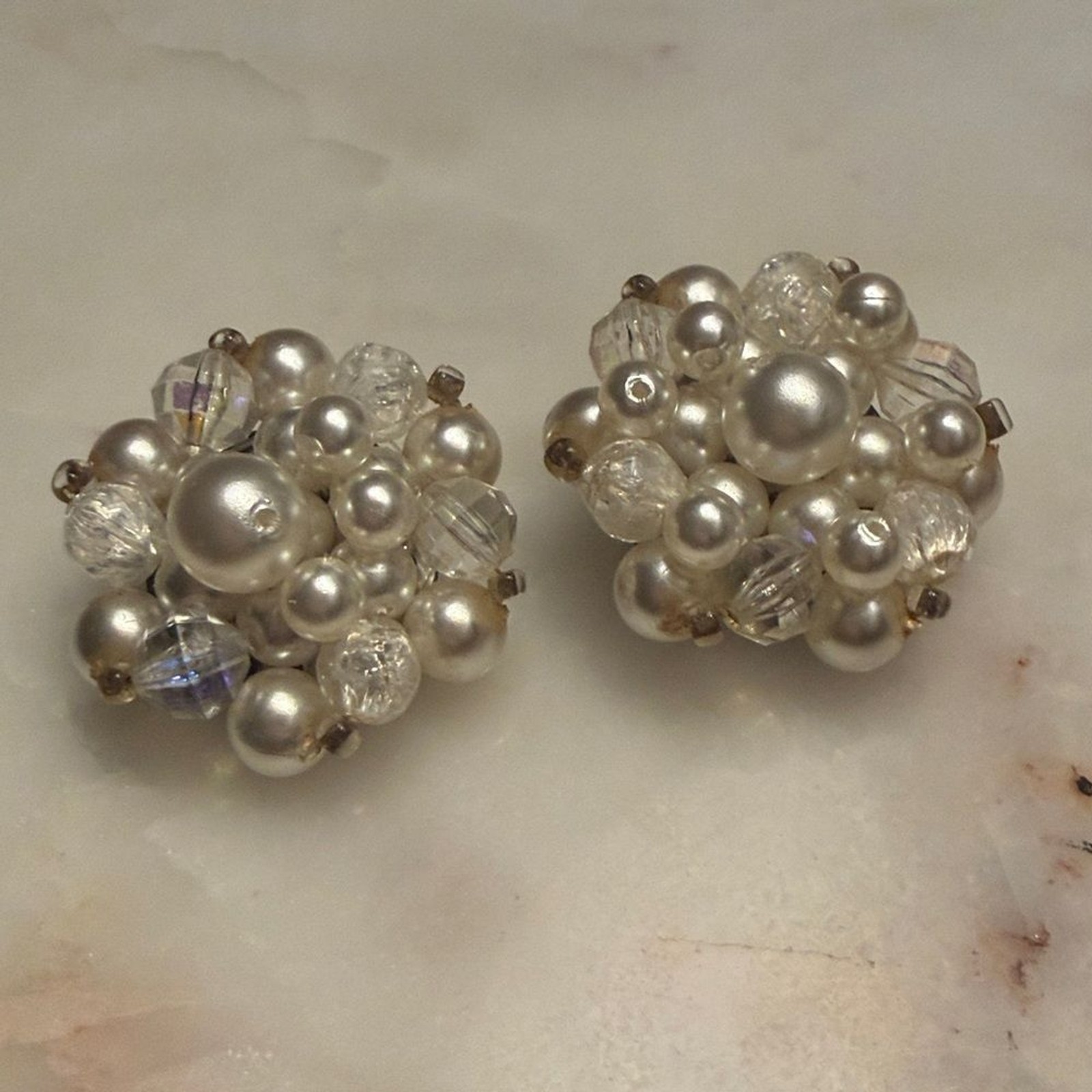 Vintage Beaded Faux Pearl AB Cluster Clip-On Earrings Made in Germany