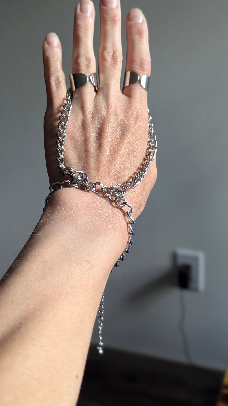 Silver Tone Hand Chain Bracelet Double Ring Slave Bracelet Adjustable Gothic