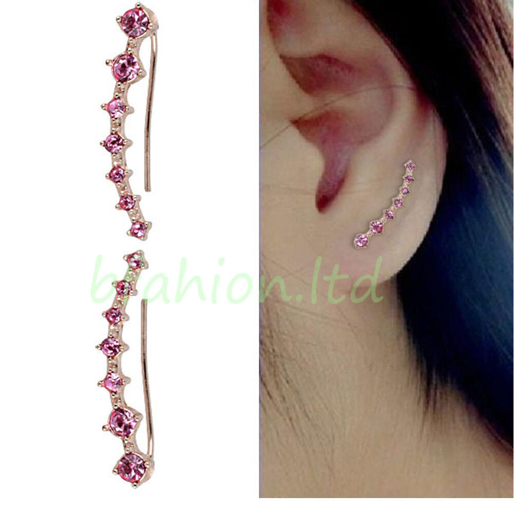 SINGLE ROW EARRING HOOK CUFF PAIR PINK CLEAR MULTI COL GOLD SILVER PLATE