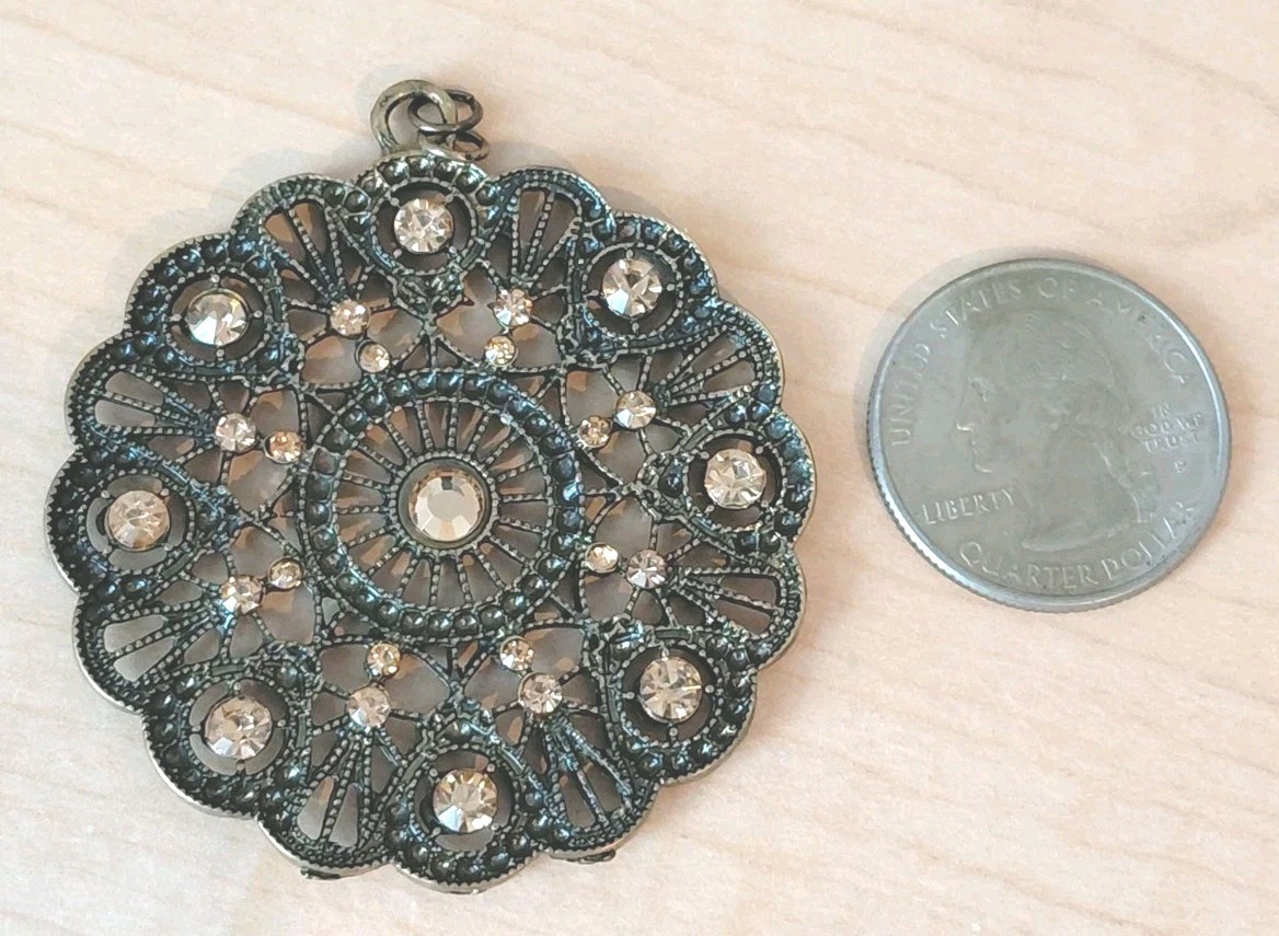 Scalloped Large Medallion Pendant / Copper Color Rhinestones / 2.25 In Round