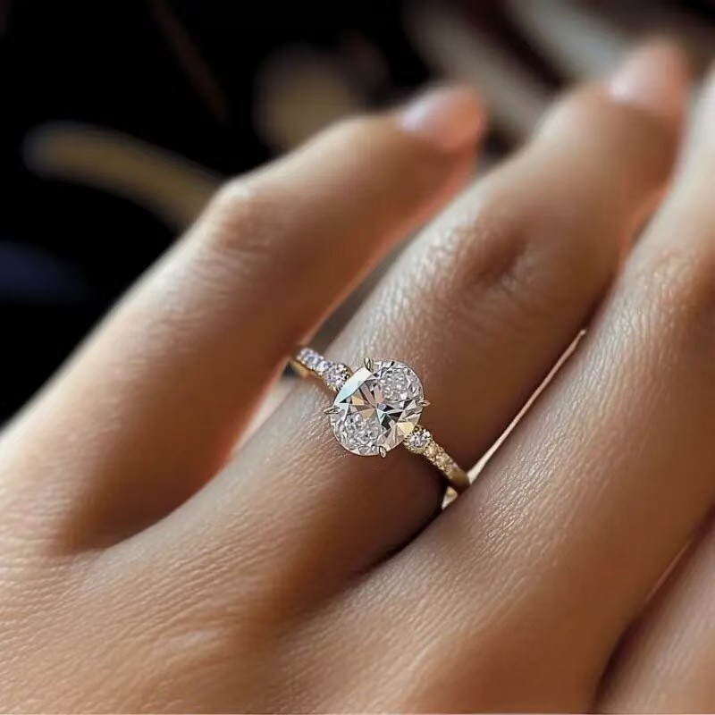 Women 18K Gold Plated Sparkling Oval CZ Thin Band Ring Wedding Engagement