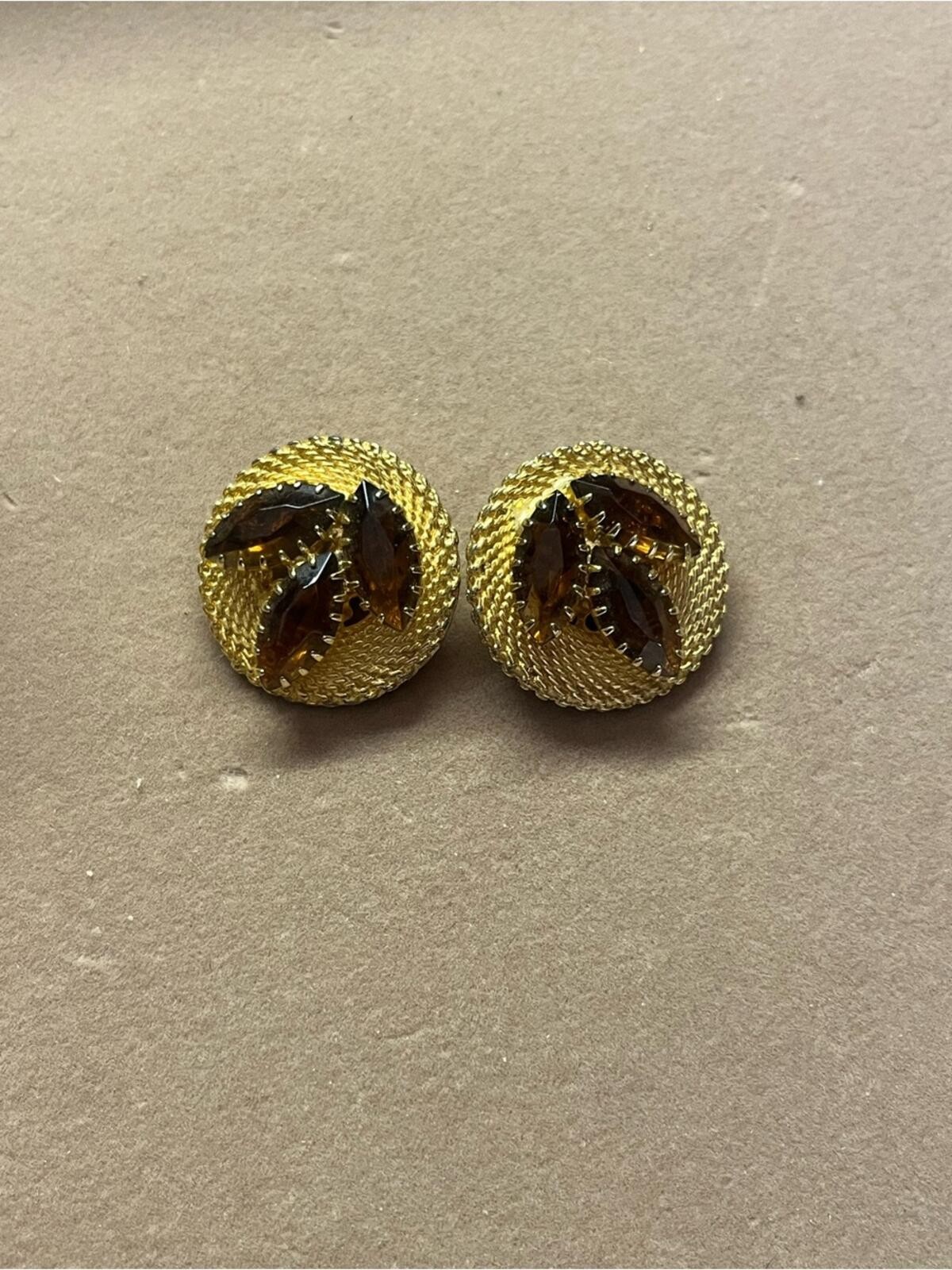 Vintage Amber Topaz Rhinestone Gold Tone Clip Earrings Designer Style
