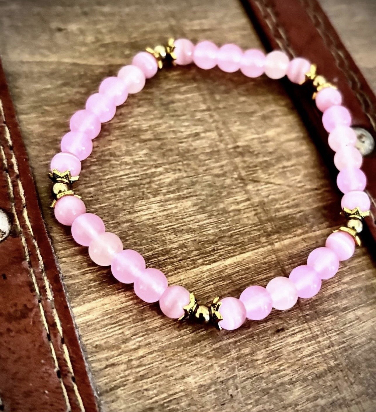 Pink Round Beaded Stretch Bracelet w/ Gold-Tone Spacer Beads, No Clasp