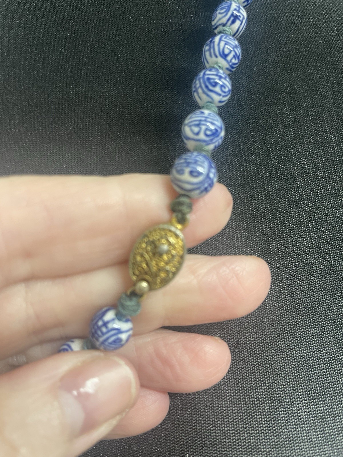 Vintage Chinese Blue &White Porcelain Hand Painted Beads Longevity Necklace