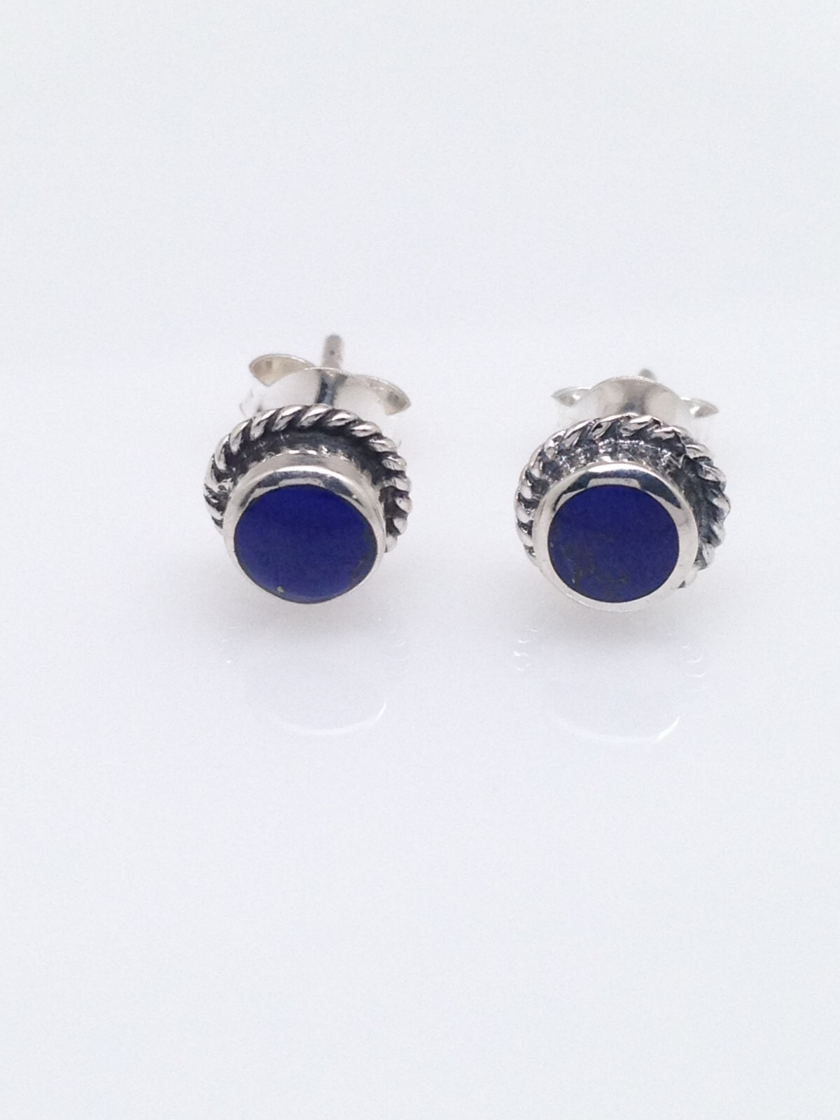 925 Sterling Silver Tiny Round Blue Lapis Stud Earrings Rope Edge 6.5mm(4.5mm)