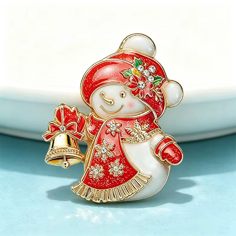 Snowman Christmas Brooch Pin Bell Holiday Rhinestone Lapel Pin 2 Color Gift