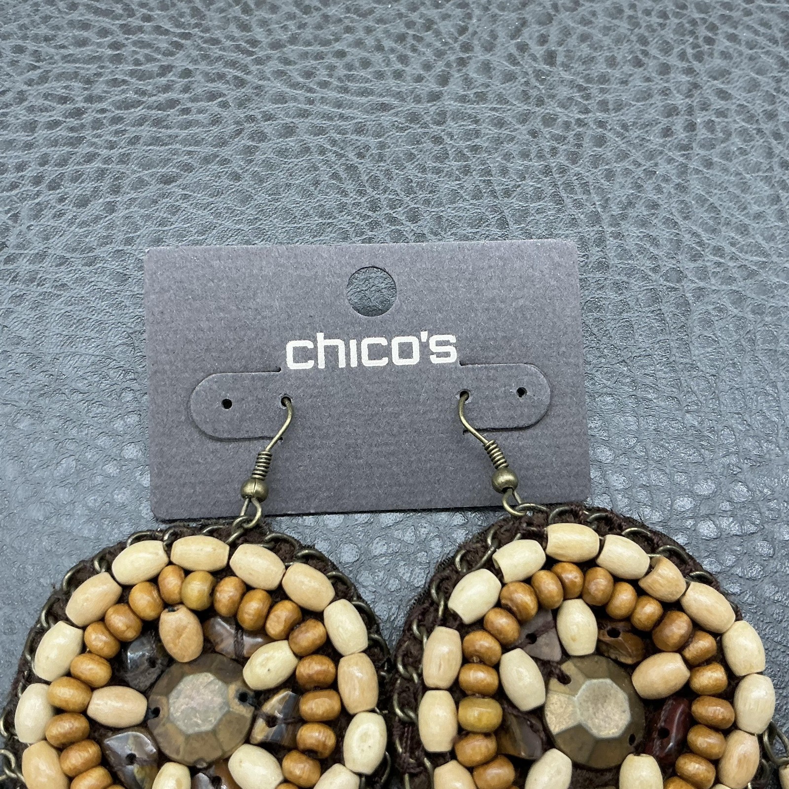 Chicos Earrings Brown Beaded Wood Chandelier Womens French Wire Boho Jewelry